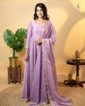 FASHIONABLE GOLD CRUSH SILK EMBROIDERY SEQUENCE WORK GOWN BOTTOM WITH DUPATTA LAVENDER