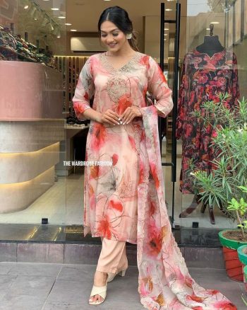FASHIONABLE ORGANZA DIGITAL PRINTED TOP BOTTOM WITH DUPATTA PEACH