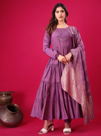 FASHIONABLE ROMAN SILK EMBROIDERY SEQUENCE WORK GOWN BOTTOM WITH DUPATTA LAVENDER
