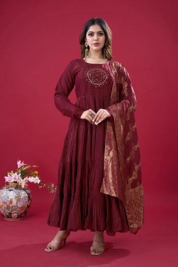 FASHIONABLE ROMAN SILK EMBROIDERY SEQUENCE WORK GOWN BOTTOM WITH DUPATTA MAROON