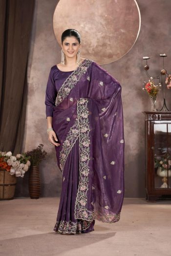 GOLD CRUNCHY THREAD EMBROIDERY SEQUENCE WORK SAREE WITH UNSTITCHED BLOUSE  PURPLE