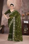 GOLD CRUNCHY THREAD EMBROIDERY SEQUENCE WORK SAREE WITH UNSTITCHED BLOUSE  MEHNDI