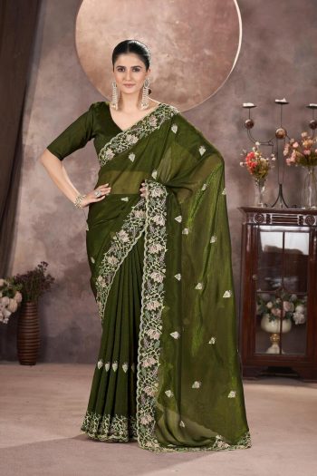 GOLD CRUNCHY THREAD EMBROIDERY SEQUENCE WORK SAREE WITH UNSTITCHED BLOUSE  MEHNDI