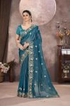GOLD CRUNCHY THREAD EMBROIDERY SEQUENCE WORK SAREE WITH UNSTITCHED BLOUSE  TEAL