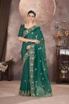 GOLD CRUNCHY THREAD EMBROIDERY SEQUENCE WORK SAREE WITH UNSTITCHED GREEN
