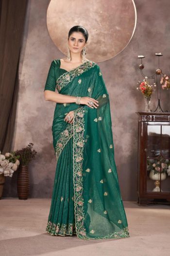 GOLD CRUNCHY THREAD EMBROIDERY SEQUENCE WORK SAREE WITH UNSTITCHED GREEN