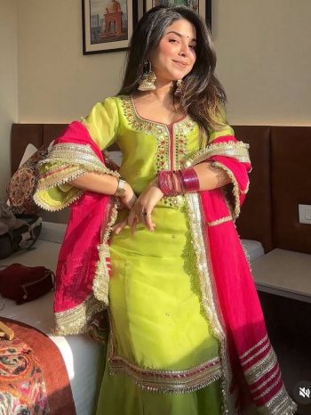 LATEST CHINON EMBROIDERY ZARI SEQUENCE AND LACE WORK TOP PALAZZO WITH DUPATTA PARROT GREEN