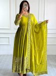 LATEST CHINON SILK EMBROIDERY SEQUENCE WORK GOWN BOTTOM WITH DUPATTA  PARROT GREEN