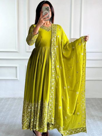 LATEST CHINON SILK EMBROIDERY SEQUENCE WORK GOWN BOTTOM WITH DUPATTA  PARROT GREEN