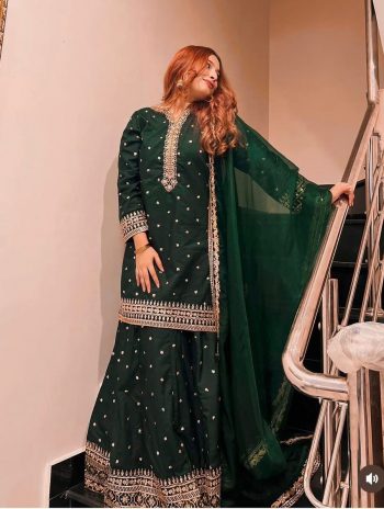 LATEST CHINON SILK EMBROIDERY SEQUENCE WORK TOP LEHENGA WITH DUPATTA GREEN