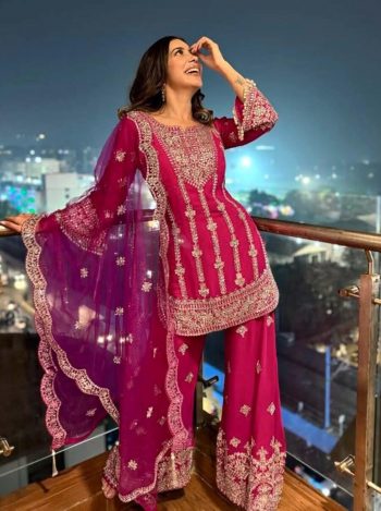 LATEST CHINON SILK SEQUENCE AND ZARI EMBROIDERY WORK WITH FANCY LACE WORK TOP PALAZZO WITH DUPATTA  RANI