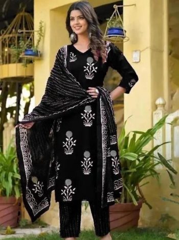 LATEST COTTON BLEND DIGITAL PRINTED TOP BOTTOM WITH DUPATTA BLACK