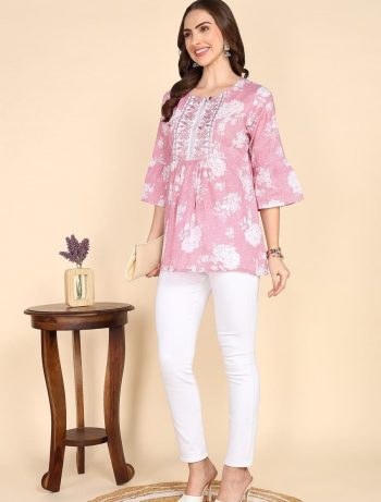 LATEST COTTON DIGITAL PRINTED WITH EMBROIDERY WORK TOP  BABY PINK