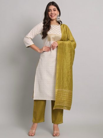 LATEST COTTON EMBROIDERY WEAVING WORK TOP BOTTOM WITH DUPATTA MEHNDI
