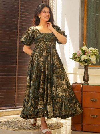 LATEST COTTON PRINTED WITH FRILL WORK GOWN GREEN