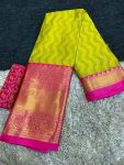 LATEST COTTON SILK BROAD CONTRAST JACQUARD WORK BORDER SAREE WITH UNSTITCHED BLOUSE  LEMON