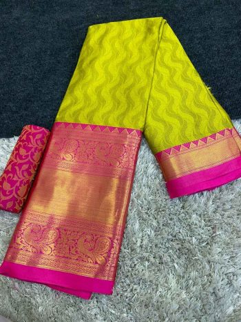 LATEST COTTON SILK BROAD CONTRAST JACQUARD WORK BORDER SAREE WITH UNSTITCHED BLOUSE  LEMON