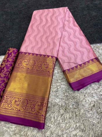 LATEST COTTON SILK BROAD CONTRAST JACQUARD WORK BORDER SAREE WITH UNSTITCHED BLOUSE  BABY PINK