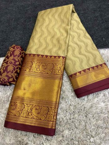 LATEST COTTON SILK BROAD CONTRAST JACQUARD WORK BORDER SAREE WITH UNSTITCHED BLOUSE  CREAME