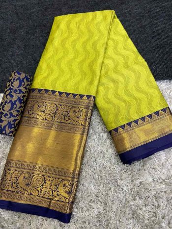 LATEST COTTON SILK BROAD CONTRAST JACQUARD WORK BORDER SAREE WITH UNSTITCHED BLOUSE  LEMON