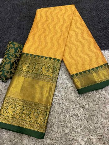 LATEST COTTON SILK BROAD CONTRAST JACQUARD WORK BORDER SAREE WITH UNSTITCHED BLOUSE  YELLOW