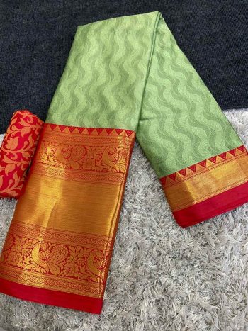 LATEST COTTON SILK BROAD CONTRAST JACQUARD WORK BORDER SAREE WITH UNSTITCHED BLOUSE  PISTA