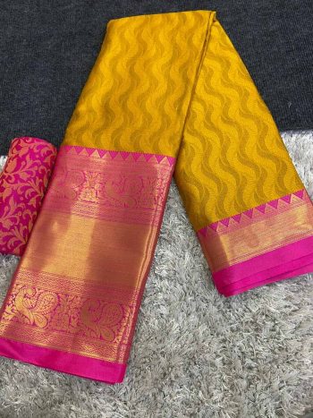 LATEST COTTON SILK BROAD CONTRAST JACQUARD WORK BORDER SAREE WITH UNSTITCHED BLOUSE  YELLOW