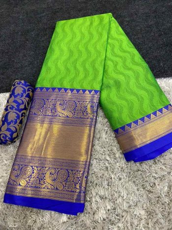 LATEST COTTON SILK BROAD CONTRAST JACQUARD WORK BORDER SAREE WITH UNSTITCHED BLOUSE  PARROT GREEN