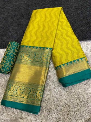 LATEST COTTON SILK BROAD CONTRAST JACQUARD WORK BORDER SAREE WITH UNSTITCHED BLOUSE  YELLOW