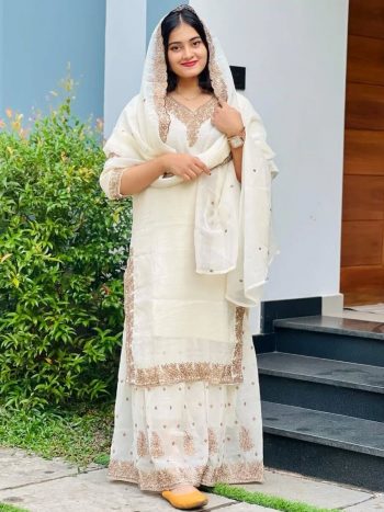 LATEST CRUNCHY SILK EMBROIDERY SEQUENCE WORK  TOP SHARARA WITH DUPATTA  WHITE
