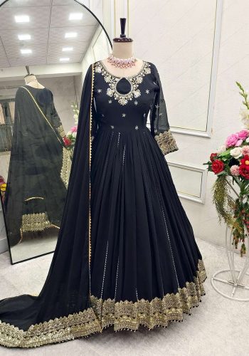LATEST GEORGETTE EMBROIDERY SEQUENCE WORK GOWN BOTTOM WITH DUPATTA BLACK