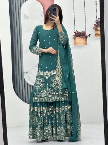 LATEST GEORGETTE EMBROIDERY SEQUENCE WORK TOP SHARARA WITH DUPATTA  GREEN