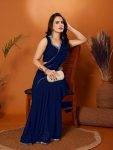 LATEST GEORGETTE SILK MIRROR WORK LACE BORDER SAREE WITH UNSTITCHED BLOUSE NAVY BLUE
