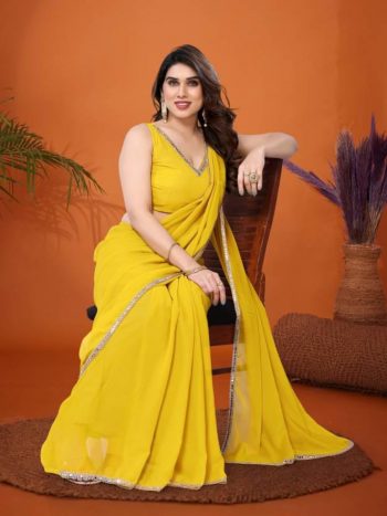 LATEST GEORGETTE SILK MIRROR WORK LACE BORDER SAREE WITH UNSTITCHED BLOUSE YELLOW