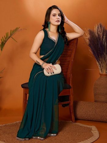LATEST GEORGETTE SILK MIRROR WORK LACE BORDER SAREE WITH UNSTITCHED BLOUSE GREEN