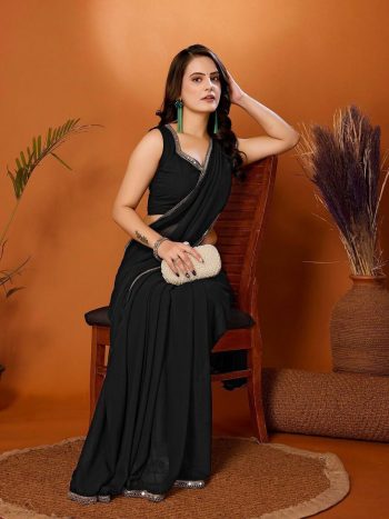 LATEST GEORGETTE SILK MIRROR WORK LACE BORDER SAREE WITH UNSTITCHED BLOUSE BLACK