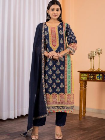 LATEST MUSLIN DIGITAL PRINTED TOP BOTTOM WITH DUPATTA NAVY BLUE