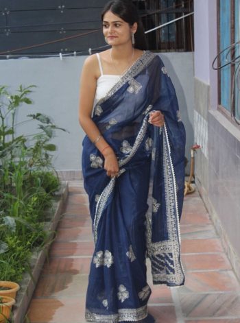 LATEST ORGANZA  MULTI THREAD WORK SILVER TONE ZARI WORK  AND LACE BORDER WORK SAREE WITH UNSTITCHED BLOUSE NAVY BLUE