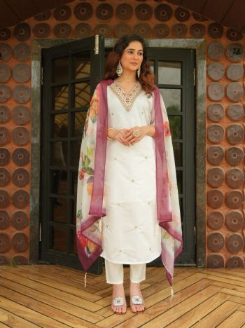LATEST ROMAN SILK EMBROIDERY SEQUENCE WORK TOP BOTTOM WITH DUPATTA OFF WHITE