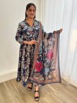 LATEST ROMAN SILK MILL PRINT FOIL WORK GOWN WITH DUPATTA NAVY BLUE