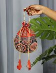 LATEST SILK CRAPE AZARAKH PRINTED WITH PEARL BORDER AND DORI WORK POTLI PURSE (2)