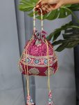 LATEST SILK CRAPE AZARAKH PRINTED WITH PEARL BORDER AND DORI WORK POTLI PURSE (4)