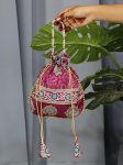 LATEST SILK CRAPE AZARAKH PRINTED WITH PEARL BORDER AND DORI WORK  POTLI PURSE  PINK