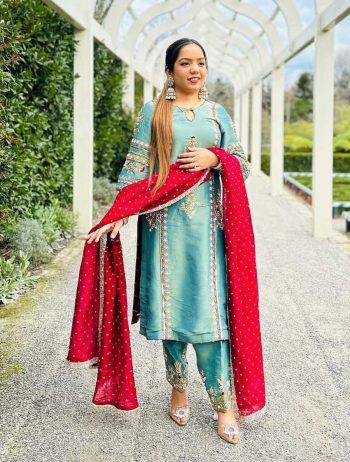 LATEST TABBY ORGANZA CHAIN STITCH WORK AND FANCY HAND WORK TOP PALAZZO WITH DUPATTA SKY