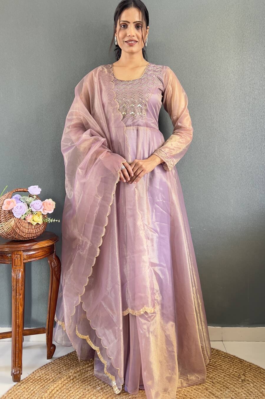 LATEST TWILL NET TISSUE SILK CUTDANA HAND WORK GOWN WITH DUPATTA FESTIVE WEAR WHOLESALE PRICE ETHNIC GARMENT (8)