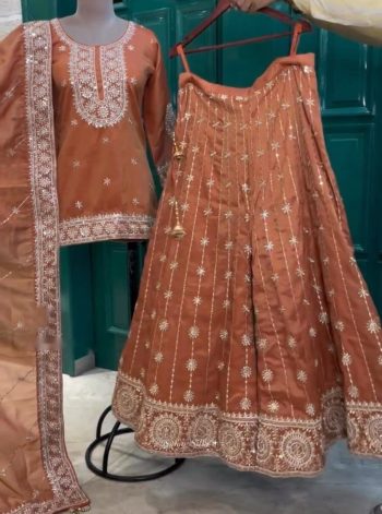LATEST VICHITRA SILK EMBROIDERY SEQUENCE WORK TOP PALAZZO WITH DUPATTA  ORANGE