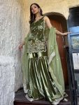 LATEST VISCOSE VELVET MOTI HAND WORK NEEDLE SEQUENCE WORK AND EMBRPOIDRY WORK TOP SHARARA WITH DUPATTA FESTIVE WEAR WHOLESAEL RPICE ETHNIC GARMENT (3)