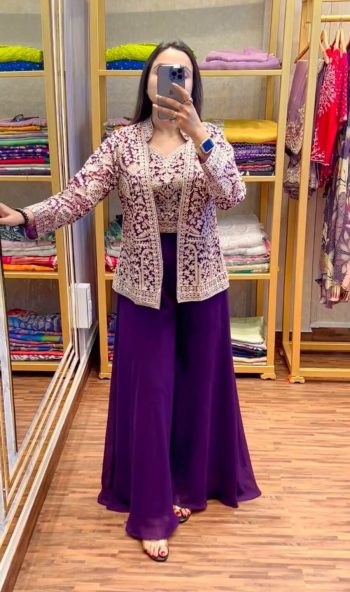 MOST PICKED GEORGETTE  EMBROIDERY WORK PALAZZO CHOLI WITH KOTI PURPLE