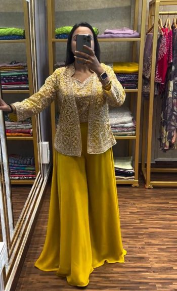 MOST PICKED GEORGETTE  EMBROIDERY WORK PALAZZO CHOLI WITH KOTI YELLOW