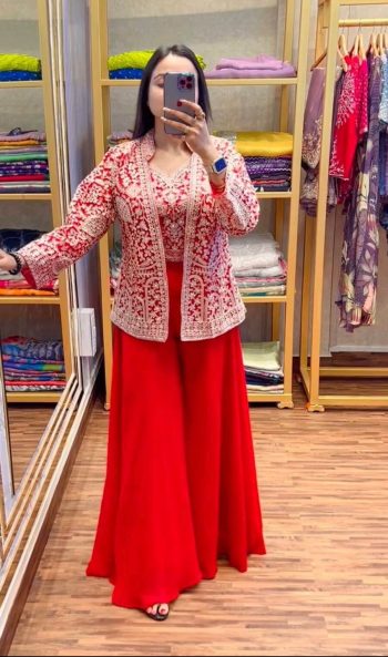 MOST PICKED GEORGETTE  EMBROIDERY WORK PALAZZO CHOLI WITH KOTI RED